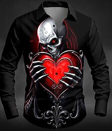 economico -Halloween Per uomo Cuore Teschio Costumi Halloween Camicia Camicia con Bottoni Manica Lunga Gotico punk oscuro All'aperto Ferie Estate Primavera Collo ripiegato Stampa 3D camicie con colletto Rosso