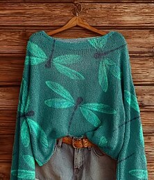 levne -Dámský svetr ležérní měkký vážka stylový moderní dlouhý rukáv kulatý výstřih běžné tílko denní sváteční potisk modrá zelená duhová meruňková jaro podzim zima