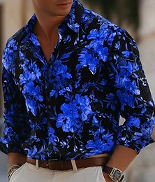 preiswerte -Herren Blumendruck Neon Blumen Hemd Knopfhemd Lässiges Hemd Langarm Hawaiianisch Urlaub Täglich Streetwear Sommer Frühling Umlegekragen 3D-Druck Hemden mit Kragen Schwarz
