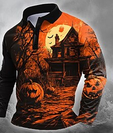 Недорогие -Halloween Муж. Тыква Замок Поло Длинный рукав Футболки поло Лацкан На каждый день Для улицы Одежда для спорта и отдыха Фестивальный наряд 3D печать Пуговицы Весна Осень Зима оранжевый1 Оранжевый 2