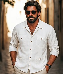 economico -Per uomo Camicia Camicia di lino Camicia Guayabera Camicia Estiva Camicia da Spiaggia Camicia con Bottoni Semplice Vacanza Casuale Bianco Manica Lunga Collo Camp Estate Primavera Abbigliamento Tasca