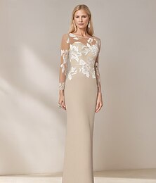 abordables -Robe de soirée formelle longueur sol type fourreau  colonne à manches longues avec col en V élégante et simple pour invitée de mariage en chiffon pour mère de la mariée avec dentelle et cristaux