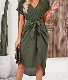 economico -Per donna Abito Midi Tubino Moderno All'aperto Vacanza Ferie Vestibilità regolare Semplice Manica Corta Scollo a V Verde militare Verde scuro Autunno
