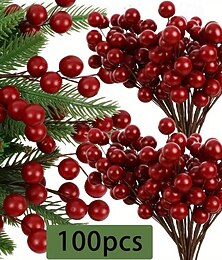 abordables -100 tiges de baies rouges de Noël – mini décorations de fruits artificiels pour arbres de Noël, couronnes, bricolage et décorations de vacances du Nouvel An