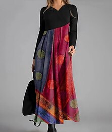 ieftine -Pentru femei Rochie Maxi Rochie A line Casual Zilnic Fit regulat Grafic Bloc Culoare Manșon Lung În V Roșu-aprins Albastru piscină Mov Primăvară Toamnă Iarnă