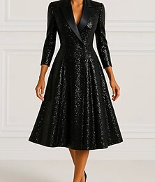 abordables -Robe smoking Ligne A Formel Satin Strass Élégant ancien Manches 3/4 plissées Longueur thé Revers de pointe Double Boutonnage