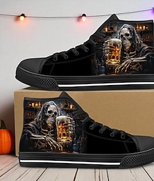 economico -sneakers alte da uomo in tela con stampa di boccali di birra con la morte – scarpe casual resistenti con lacci per Halloween, stile gotico ed eventi notturni