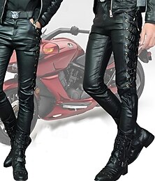 baratos -Homens Calças de couro falso Com Cordão Cor Sólida Exterior Esportes Comprimento total Festa Casual Moda Casual Preto Vermelho Sem Elasticidade