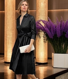 abordables -Robe chemise trapèze pour mère de la mariée en taffetas extensible, élégante, simple et minimaliste, col chemise, longueur genou, tissu extensible, manches 3/4 avec nœud, 2025