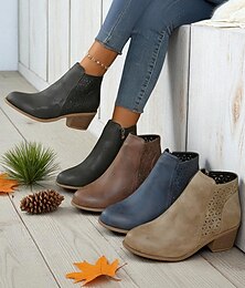 abordables -Botines de mujer con diseño recortado: botines casuales de tacón bajo para la moda de otoño, el trabajo y las salidas de fin de semana.