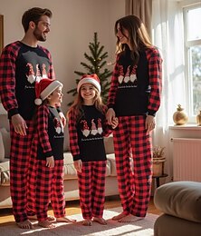 voordelige -Familie-look Pyjama  Ruitjes Kerst patroon Huis Lapwerk Rood Lange mouw Actief Bijpassende outfits