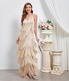 abordables -Retro Antiguo Rugido 20s 1920s Hasta el Tobillo Vestido Flapper Vestidos Vestido Cóctel Franja Funda / Columna Disfraz Mujer Navidad Víspera de Todos los Santos Carnaval Boda Fiesta de Noche Mascarada