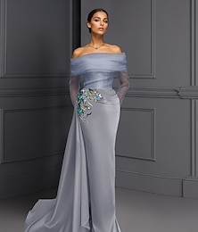 abordables -Fourreau / Colonne Robe de Soirée Élégant Robe de soirée Formel Mariage Longueur au sol manche longue Col Illusion Satin Extensible avec Froncé Perlage Fente 2025