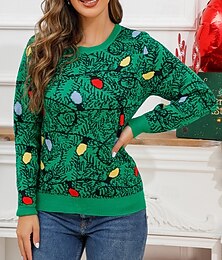 abordables -Mujer Pulóveres Pull-over Casual Luz de Navidad Estriado Cuello Barco De Punto Estampado Manga Larga Tops regulares Tejer Navidad Diario Festivos Verde Trébol Invierno