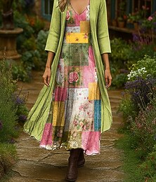 abordables -Femmes Robe Ensemble Robe Maxi Robe trapèze Vacances Boho Fleuri Graphique Superposé Imprimé Robe maxi Manche 3/4 Col en V Extérieur Quotidien Rose Claire Bleu Vert Printemps Automne Coupe régulière