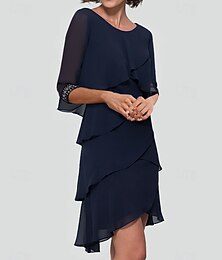 economico -Abiti Cocktail Sheath Elegante Abito Semi Formale Lunghezza Ginocchio Manica Mezza Collo Gioiello Ospite di Matrimonio Chiffon con Volant di Pietre