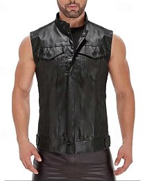 זול -בגדי ריקוד גברים וסט Gilet אפוד דמוי עור בָּחוּץ יומי אופנתי יום יומי אביב סתיו כיס עור מלאכותי נוח אחיד רוכסן עומד רגיל שחור אֵפוֹד