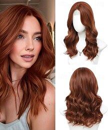 abordables -Perruques mi-longues auburn pour femmes, perruque synthétique ondulée de 45 cm avec raie au milieu - perruque à ligne de cheveux naturelle pour une utilisation quotidienne lors d'une fête ou