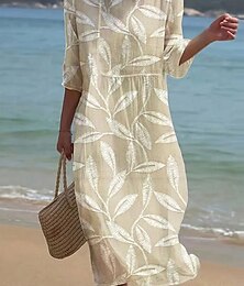 ieftine -Rochie Maxi pentru Femei Kaftan cu Mâneci 3/4 Guler Rotund Rochie Casual Rochie A Line Rochie Boho Croi Normal Grafic Frunză Galben Roz Albastru Violet Primăvară Toamnă