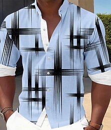 preiswerte -Herren Geometrisch Karo / Karomuster Hemd Knopfhemd Stehkragenhemd Langarm Lässig Outdoor Urlaub Täglich Frühling Herbst Mandarinkragen Stehkragen 3D-Druck Leinenähnliches Hemd Weiß Rosa Blau Grau