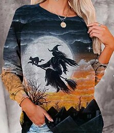 abordables -Sweatshirts pour femme Halloween graphique de sorcière mode décontractée à manches longues col rond tops réguliers impression décontractée bleu violet orange été printemps automne