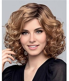 economico -parrucca da donna castano dorato corta e riccia, dall'aspetto naturale, capelli sintetici realistici, resistente al calore, stratificata, elegante, stile alla moda da indossare tutti i giorni