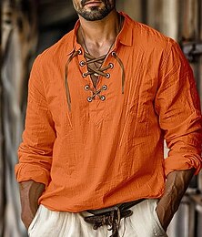 economico -Per uomo Camicia camicia di lino Stile vichingo Camicia estiva Abbigliamento mare Tinta unica Strada Giornaliero Bianco Arancione Verde Azzurro Manica lunga Collo Abbigliamento