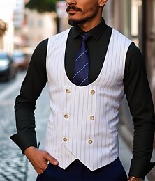 voordelige -Voor heren Kostuumvest Vest Bruiloft Feestavondkleding Casual Actief Vintage Lente Herfst Polyester Verstelbaar Gestreept Dubbele rij knopen Slank Wit Hesje