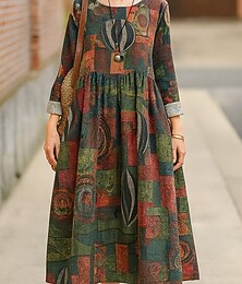 abordables -Femmes Robe maxi Robe trapèze Occasionnel Quotidien Coupe régulière Fleuri manche longue Col ras du cou Bleu marine Rouge Vert foncé Marron Été Automne