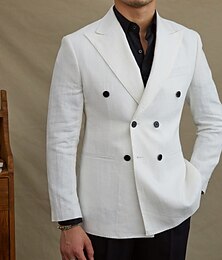 お買い得  -男性用 リネンブレザー ブレザー ビジネス カクテルパーティー ウェディングパーティー ファッション カジュアル 春 秋 リネン 30% ポリエステル60% 平織り ポケット ボタン 快適 ダブルブレスト ブレザー ブラック ホワイト ブラウン グリーン