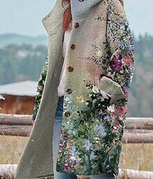 رخيصةأون -نسائي جاكيت شتوي سترة الصوف معطف الدفء متنفس جيب Buttons طباعة نشيط يوميا كاجوال ورد عطلة شارع مناسب للبس اليومي صدر فردي طويلة هودي عادي كم طويل ملابس خارجية أسود أصفر أخضر فاتح الخريف الشتاء