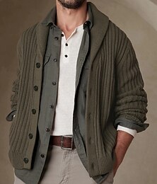 preiswerte -Herren Pullover Strickjacke Gerippt Stricken Normale Oberteile Gestrickt Einfach Schalkragen Urlaub Mode Lässig Alltagskleidung Bekleidung Frühling & Herbst Militßrgrün M L XL