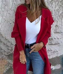abordables -Femmes Cardigan Occasionnel Doux Couleur Unie Torsadé Col de chemise Avec Poches Tricoté manche longue Hauts Longs Tricoter Quotidien Sortir Week-end Noir Rouge Automne