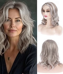 economico -parrucca da donna, lunga e ondulata, grigio argento, dall'aspetto naturale, capelli sintetici realistici, resistente al calore, riga in mezzo, elegante, stile alla moda per tutti i giorni