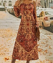 economico -Per donna Abito Lungo Maxi Abito Vestito Casual Abito Stampato Moda Moderno Quotidiano Data Weekend Vestibilità regolare Fiore Manica Lunga Girocollo Marrone Primavera Autunno