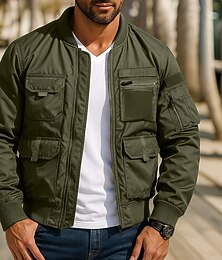 preiswerte -Herren Bomberjacke Militärjacke Sport Jacke Collegejacke Sport im Freien Lässig Wasserdicht Windjacke Reißverschluss Tasche Frühling Herbst Winter Einfarbig Aktiv Mit Kapuze Regulär Schwarz