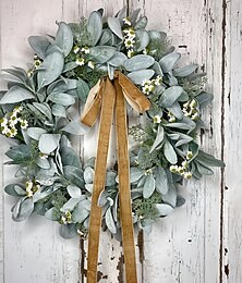 abordables -Couronne de Noël pour porte d'entrée, guirlande artificielle de feuilles grises et de fleurs blanches d'eucalyptus, décoration de maison de vacances de printemps, couronne de porte murale