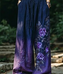 abordables -Femmes Jambe large Pantalons Pantalon palazzo Mode Longueur complète Taille haute Fleur Cordon de serrage Avec Poches Taille Élastique Respirabilité Confortable Rue Tenue quotidienne Sortir Violet