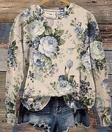 abordables -Femmes Sweatshirt Pull Fleuri Graphique Chaud Actif ancien manche longue Col rond Hauts Réguliers Rue Tenue Quotidienne Occasionnel Imprimé Jaune Rose Claire Rouge Bleu Beige Printemps Automne Hiver