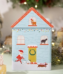 abordables -Latas de galletas navideñas con tapa para regalar, contenedores de hojalata navideños, diseño creativo de casa de perro azul, caja de almacenamiento de metal, empaque para dulces navideños, accesorio