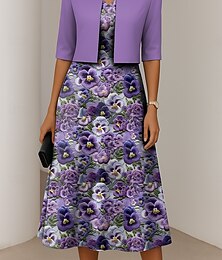 abordables -Femmes Robe Ensemble Robe trapèze Élégant Occasionnel Fleuri Graphique Imprimé Robe Midi Demi Manches Col ras du cou Formel Vacances Bleu Violet Bleu de minuit Été Printemps Coupe régulière