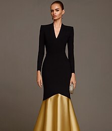 economico -Linea ad A Sirena / Tromba Abito da Sera Elegante Vestito Formale Matrimonio Lunghezza al pavimento Manica Lunga Scollo a V Crepe Elasticizzato con Pieghe 2025