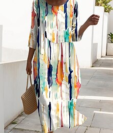 olcso -Női Maxi Ruha Kaftan 3/4 Hosszú Ujjú Környakú Lazac Átmeneti Ruha A vonalú Ruha Boho Mindennapi Ünnepi Randi Grafika Geometrikus Piros Világos Barna Kék Bézs Tavasz