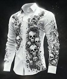 economico -Halloween Per uomo Costumi Halloween Teschi Camicia Camicia con Bottoni Camicia casual Manica Lunga Stile gotico oscuro Ferie Estate Primavera Collo ripiegato Stampa 3D camicie con colletto Bianco 1