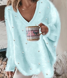 abordables -Pull femme sweat-shirt duveteux confortable t-shirt uni côtelé tricoté décontracté manches longues col V hauts quotidien sortie week-end bleu surdimensionné