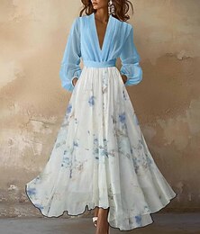 economico -Per donna Abito Lungo Maxi Abito Abito da Cocktail Vestito in Chiffon Abito Stampato Moda Moderno Vacanza Tè Uscire Vestibilità regolare Fiore Manica Lunga Scollo a V Bianco Azzurro Autunno