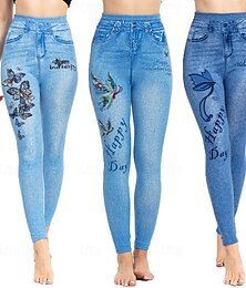abordables -Femmes Leggings Jeans usés Vacances ancien Occasionnel Longueur complète Taille haute Fleuri Papillon Ceinture Élastique Impression Doux Confortable Élastique Extérieur Rue Bleu Bleu Clair Ét