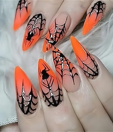 رخيصةأون -24 قطعة من أظافر الهالوين الصناعية متوسطة الحجم مع تصميم عنكبوت، أظافر لاصقة للهالوين، أظافر أكريليك برتقالية متدرجة، شبكة عنكبوت، تغطية كاملة، أظافر صناعية قوطية للنساء، تزيين أظافر