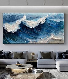 preiswerte -handgemachtes originales blaues Meereswellen-Ölgemälde auf Leinwand, abstrakte Meereslandschaft, Wandkunst für Wohndekoration mit gespanntem Rahmen ohne Innenrahmen