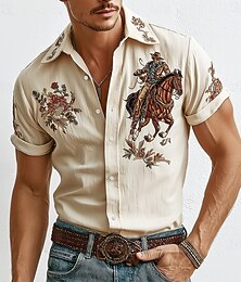 economico -Per uomo Stampa Floreale Cowboy Fiori Camicia Camicia Western Manica Corta Vintage Retrò All'aperto Vacanza Estate Primavera Collo ripiegato Stampa 3D camicie con colletto Camicia tipo lino Albicocca